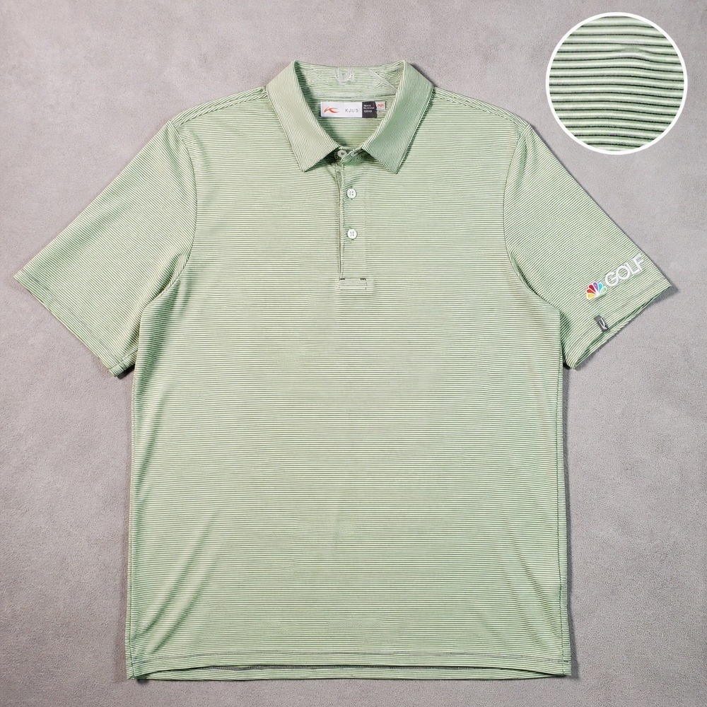 KJUS Soren Polo Shirt‎ Mens M Green Striped NBC Golf Logo Performance Golfcore